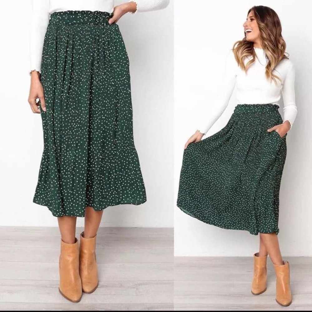 Summer Autumn Chiffon High Waist Long Maxi Green Skirt Medium